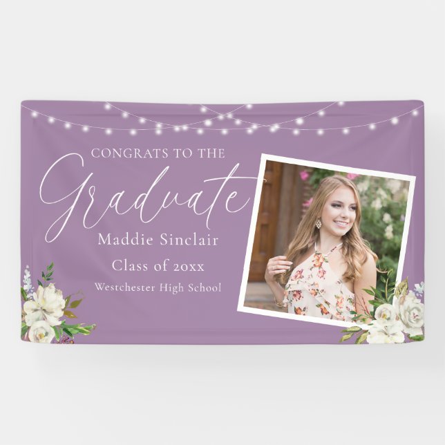 Elegant Purple Photo Floral Graduation Banner (Horizontal)