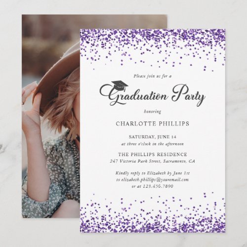 Elegant Purple Photo Graduation Party Invitation