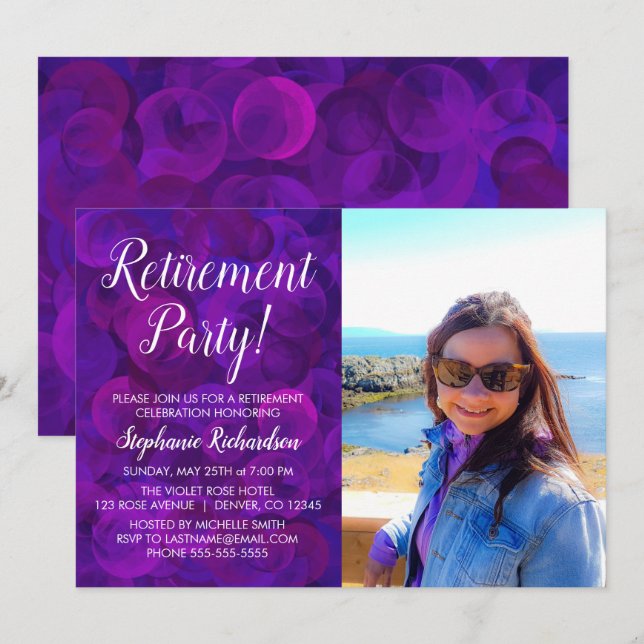  Elegant Purple Photo Retirement Party Invitation (Front/Back)