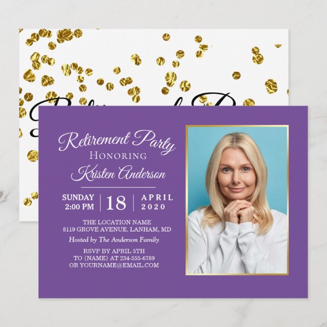 Elegant Purple Photo Retirement Party Invitation (Front/Back)