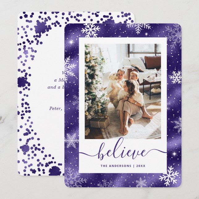 Elegant Purple Photo Snowflake Holiday Card (Front/Back)