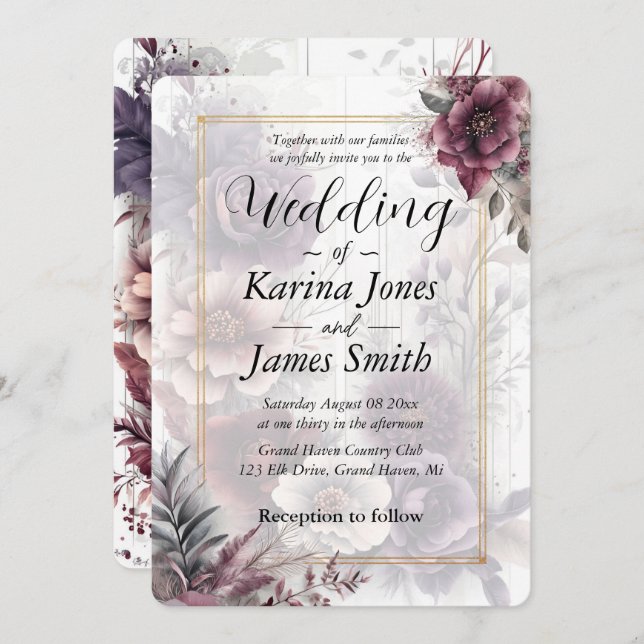 Elegant purple, pink, and maroon floral Wedding  Invitation (Front/Back)