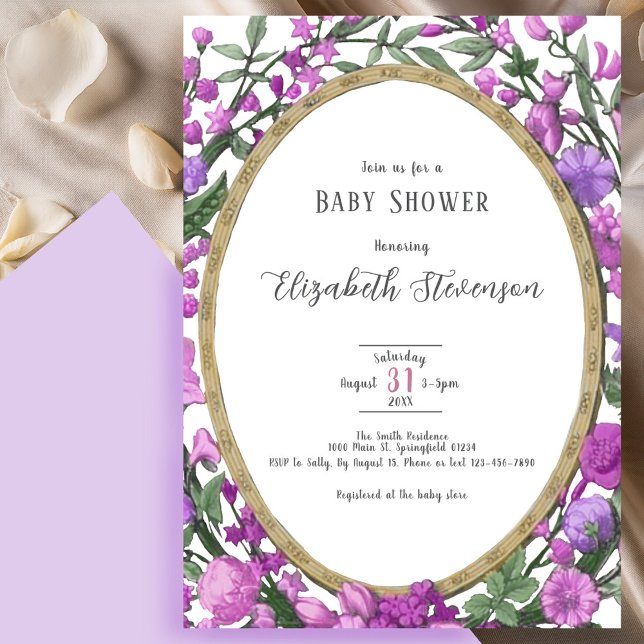 Elegant Purple Pink Botanical Floral Baby Shower  Invitation (Creator Uploaded)