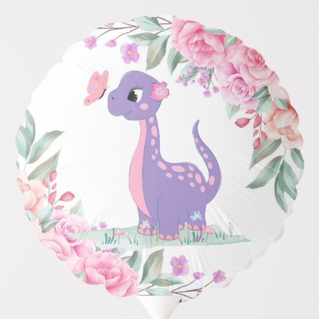 Elegant Purple Pink Dinosaur Butterfly Baby Shower Balloon (Front)