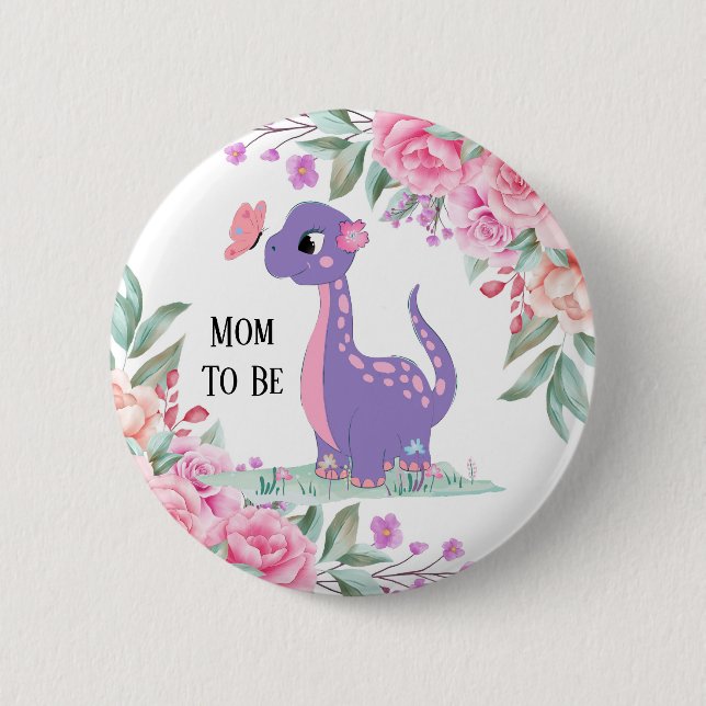 Elegant Purple Pink Dinosaur Butterfly Baby Shower Button (Front)
