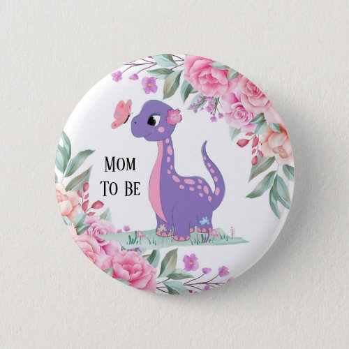 Elegant Purple Pink Dinosaur Butterfly Baby Shower Button