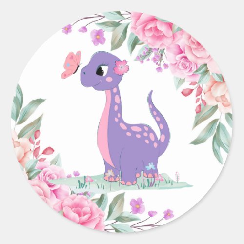 Elegant Purple Pink Dinosaur Butterfly Baby Shower Classic Round Sticker