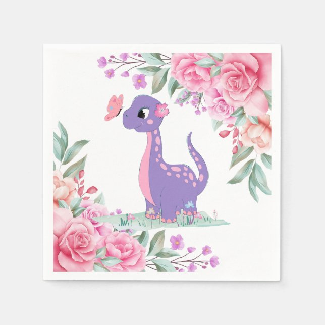 Elegant Purple Pink Dinosaur Butterfly Baby Shower Napkins (Front)