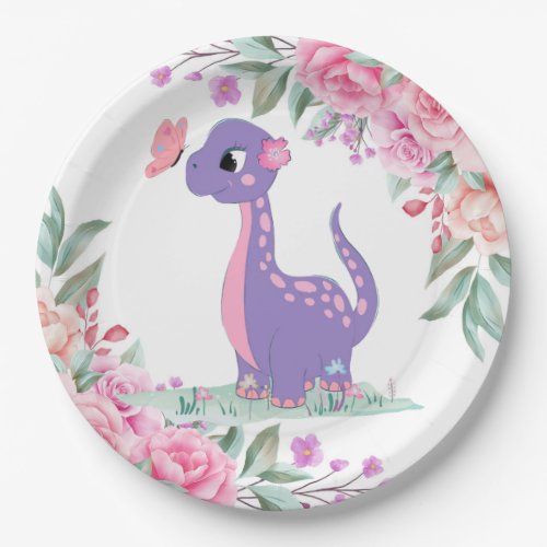Elegant Purple Pink Dinosaur Butterfly Baby Shower Paper Plates