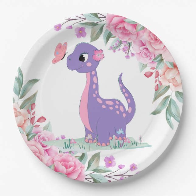 Elegant Purple Pink Dinosaur Butterfly Baby Shower Paper Plates (Front)