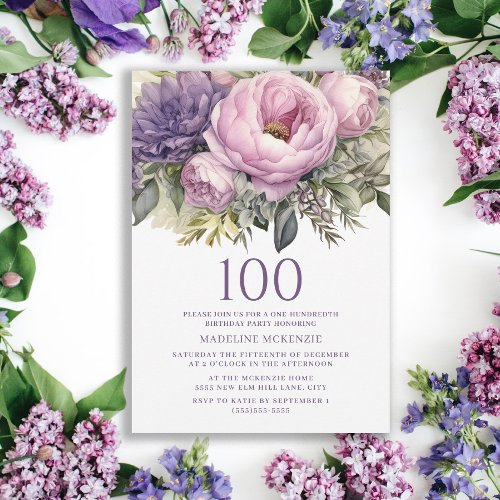 Elegant Purple Pink Floral 100th Birthday