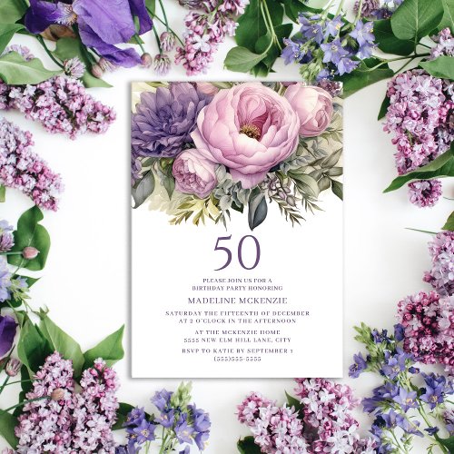 Elegant Purple Pink Floral 50th Birthday Invitation