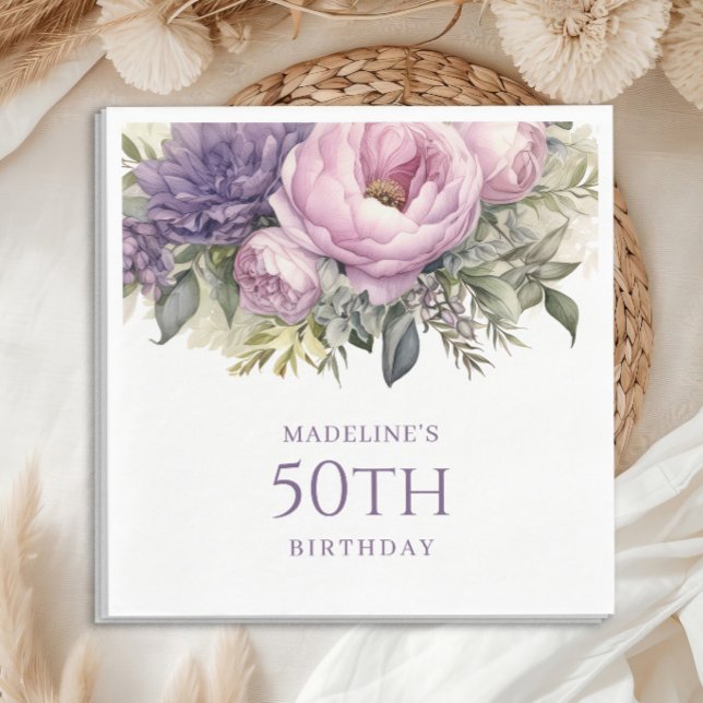 Elegant Purple Pink Floral 50th Birthday Napkins (Elegant purple watercolor floral and greenery birthday party paper napkins)