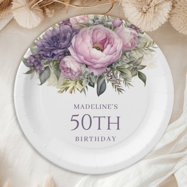 Elegant Purple Pink Floral 50th Birthday Paper Plates (Elegant purple watercolor floral 50th birthday party paper plates)