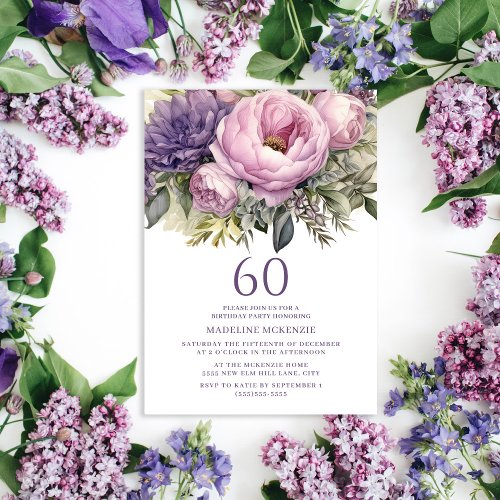 Elegant Purple Pink Floral 60th Birthday Invitation