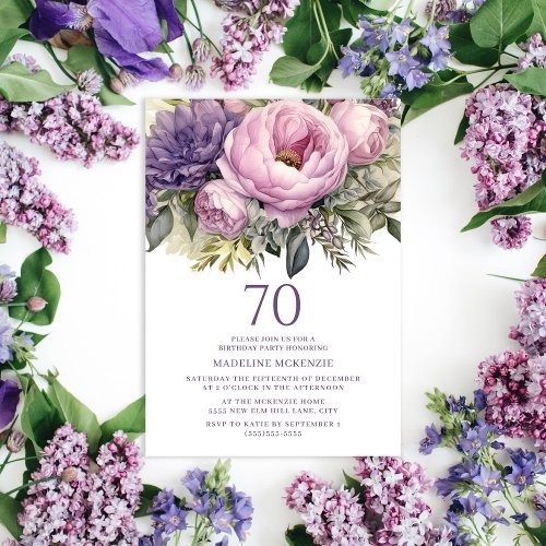 Elegant Purple Pink Floral 70th Birthday Invitation
