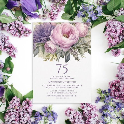 Elegant Purple Pink Floral 75th Birthday Invitation