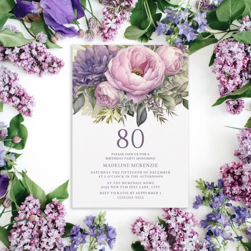 Elegant Purple Pink Floral 80th Birthday Invitation