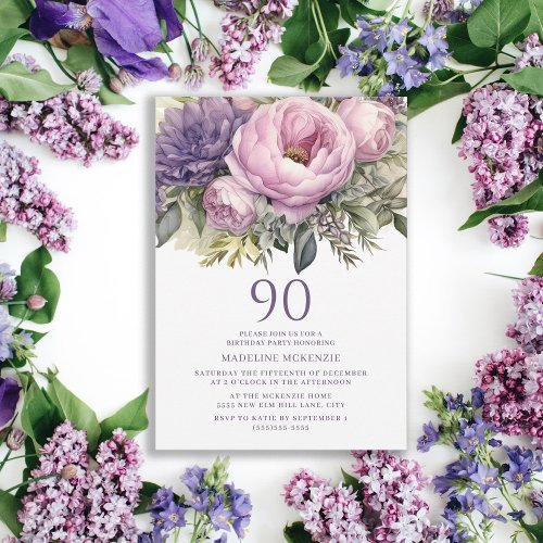 Elegant Purple Pink Floral 90th Birthday Invitation