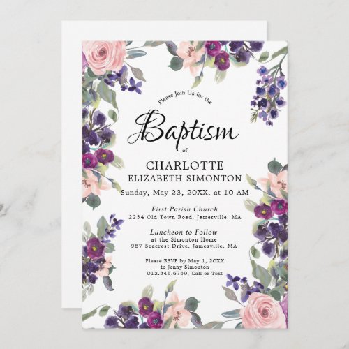 Elegant Purple Pink Floral Baptism Invitation