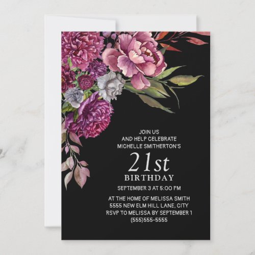 Elegant Purple Pink Floral Black 21st Birthday Invitation