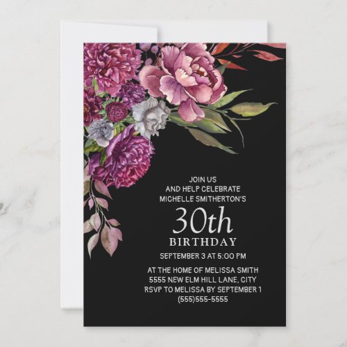 Elegant Purple Pink Floral Black 30th Birthday Invitation