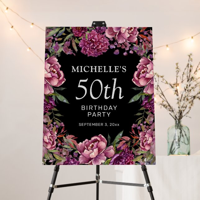 Elegant Purple Pink Floral Black 50th Birthday   Foam Board (In Situ (Stand))