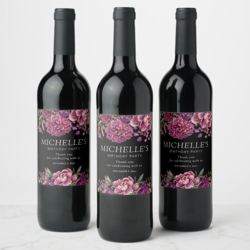 Elegant Purple Pink Floral Black Birthday  Wine Label