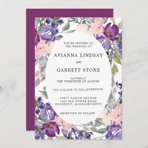 Elegant Purple Pink Floral Botanical Wedding Invitation