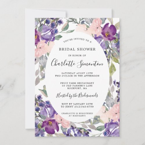 Elegant Purple Pink Floral Bridal Shower Invitation