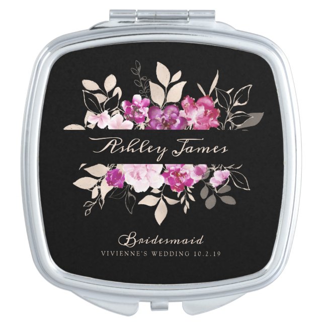 Elegant Purple Pink Floral Bridesmaid Compact Mirror (Front)