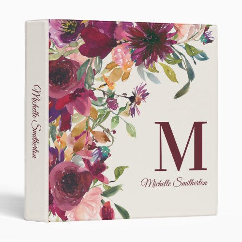 Elegant Purple Pink Floral Custom Monogram 3 Ring Binder