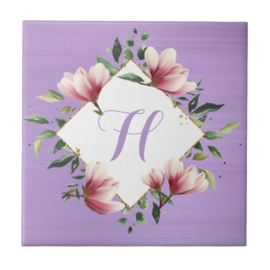 Elegant Purple Pink Floral Flower Monogram Initial Ceramic Tile