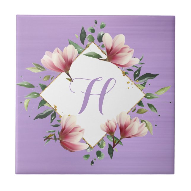 Elegant Purple Pink Floral Flower Monogram Initial Ceramic Tile (Front)