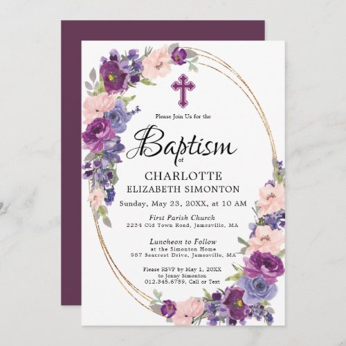 Elegant Purple Pink Floral Gold Frame Baptism Invitation