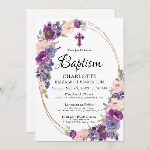 Elegant Purple Pink Floral Gold Frame Baptism Invitation