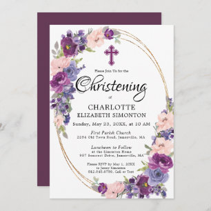 Elegant Purple Pink Floral Gold Frame Christening Invitation