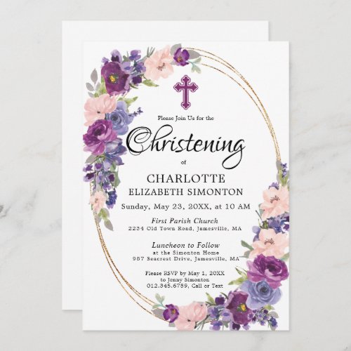 Elegant Purple Pink Floral Gold Frame Christening Invitation