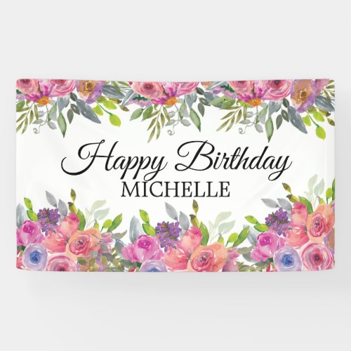 Elegant Purple Pink Floral Happy Birthday Name Banner