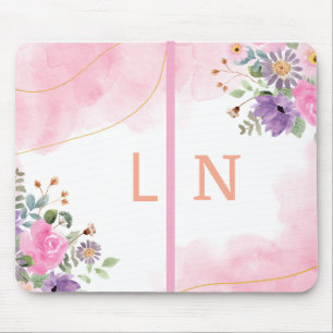 Elegant Purple Pink Floral Monogram Initial Journa Mouse Pad