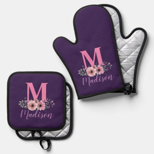 Elegant Purple Pink  Floral Monogram Initials Oven Mitt  Pot Holder Set