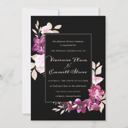 Elegant Purple Pink Floral on Black Wedding Invitation