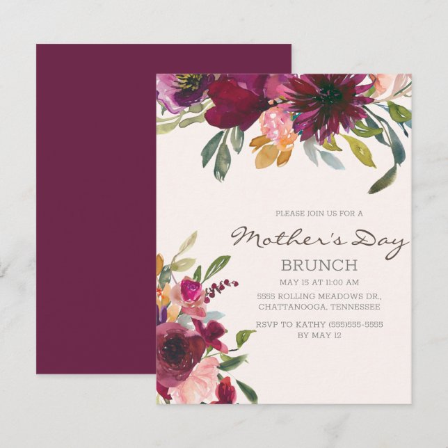 Elegant Purple Pink Floral Script Mother's Day Invitation (Front/Back)