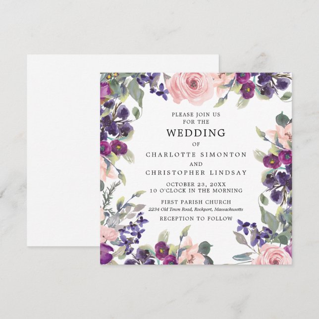 Elegant Purple Pink Floral Square Wedding Invitation (Front/Back)