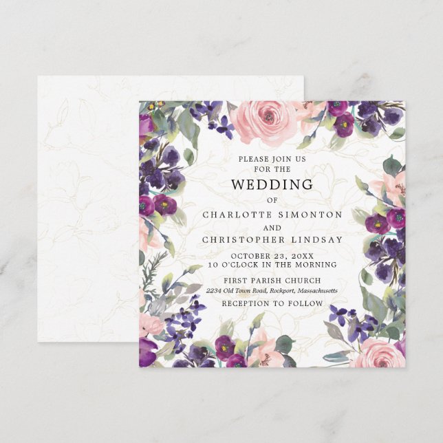 Elegant Purple Pink Floral Square Wedding Invitation (Front/Back)