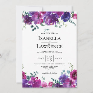 Elegant Purple Pink Floral Watercolor Wedding Invitation