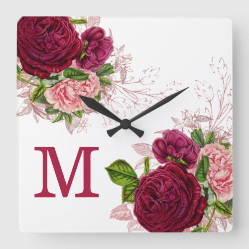 Elegant Purple Pink Floral White Monogram  Square Wall Clock