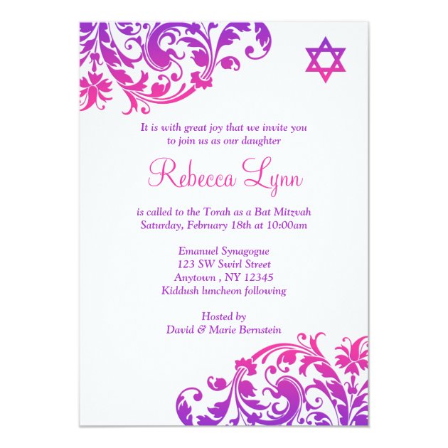 Elegant Purple Pink Flourish Bat Mitzvah Invitation