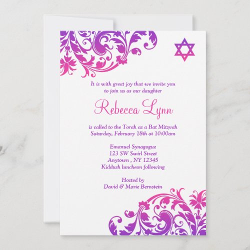 Elegant Purple Pink Flourish Bat Mitzvah Custom Announcements