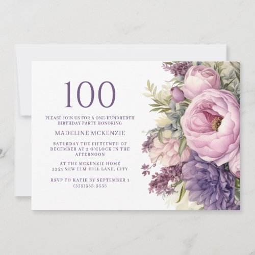Elegant Purple Pink Flowers 100th Birthday
